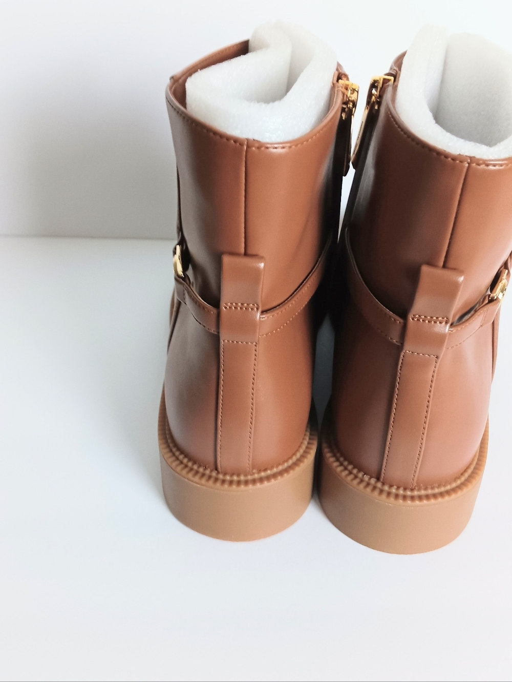 Michael Kors Women Cognac Leather Ankle Boots with Gold MK Accent - Picture 3 of 7